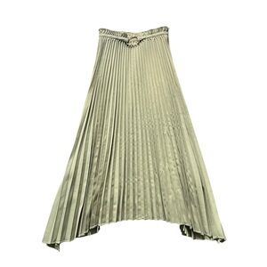 Rejina Pyo Green Pleated Midi A-Line Skirt Gold Buckle Size XS